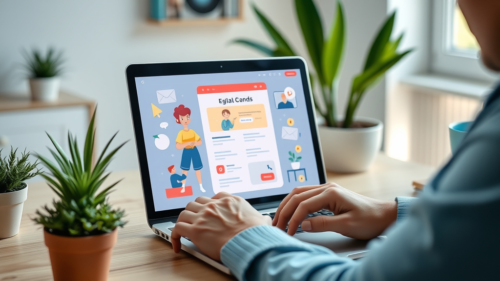 Marketer developing dynamic, predictive content for a tailored email campaign with vibrant graphics for improved conversion rate.