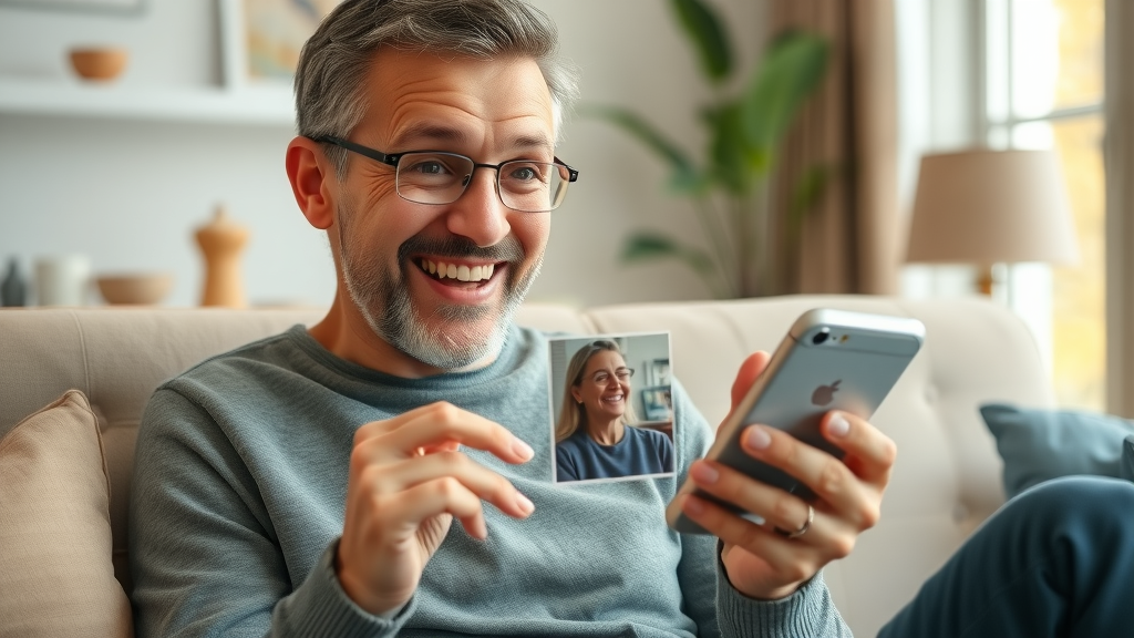 Delighted customer receiving personalized AI-powered marketing communication on their mobile device in a home setting