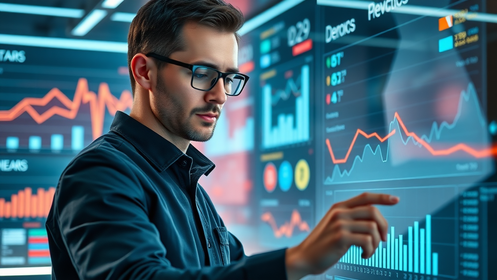 digital marketer analyzing campaign performance dashboard, marketing optimization, key metrics visualization