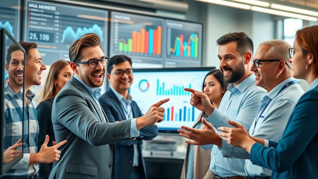 predictive analytics in marketing dashboard with diverse marketing team analyzing sales data, rising graph, digital screens