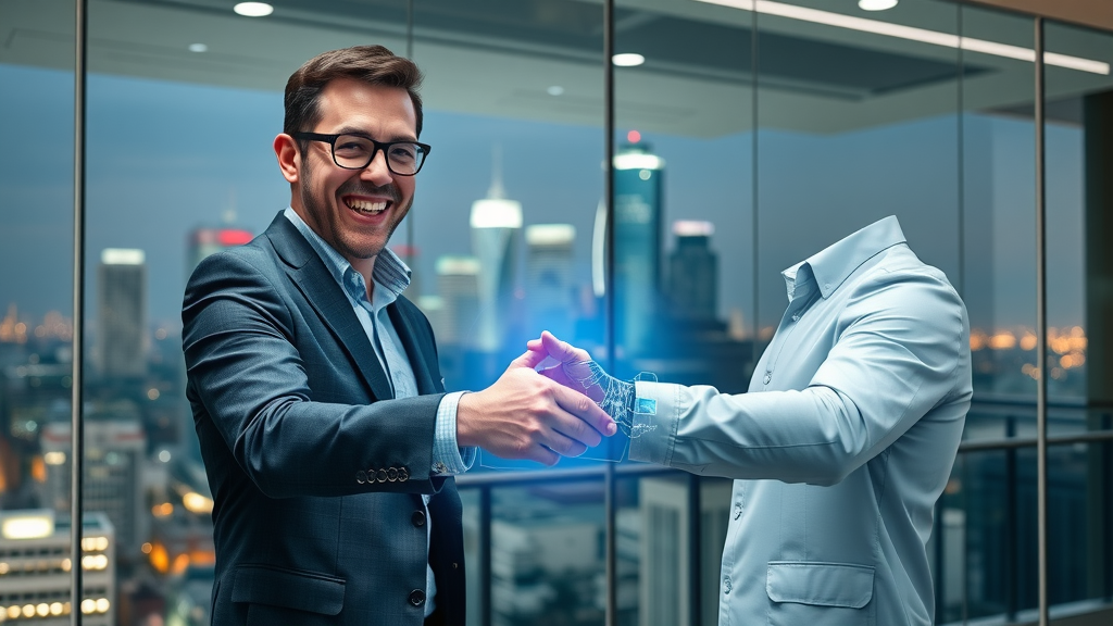 Houston AI SEO services, business owner and AI handshake, growth partnership