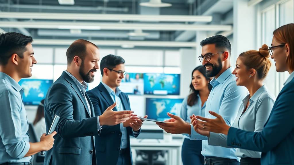 AI content customization in a digital marketing workspace, business professionals discussing AI strategies in a modern office