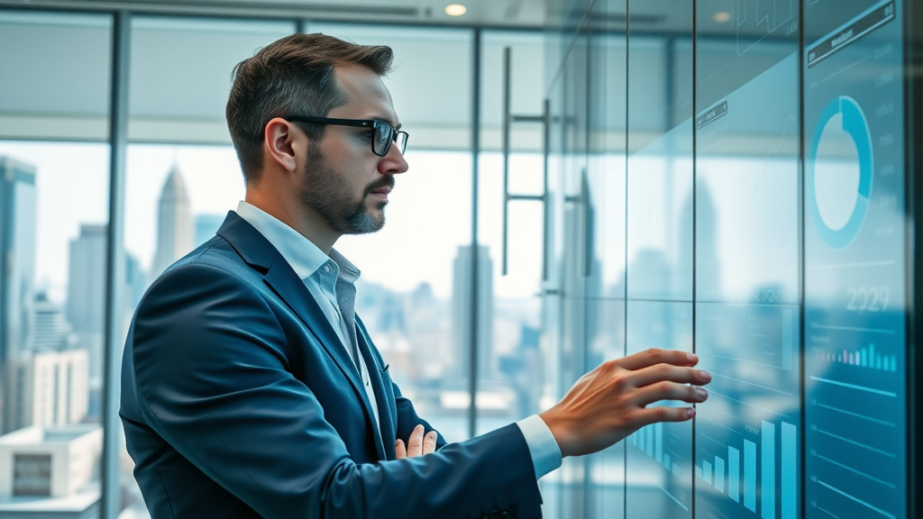 sleek modern office space with business analyst studying interactive data dashboards for user behavior analysis AI