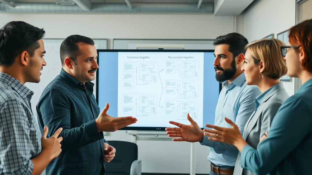 recommendation system team meeting digital screen schematics, focused professionals explaining algorithm data flows, modern office environment