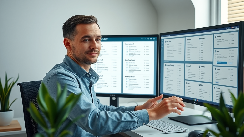 Marketer sorting a keyword list on digital screens in a minimalist workspace