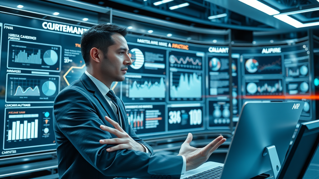 predictive analytics in marketing automation dashboard, strategist monitoring campaign optimization in futuristic control room