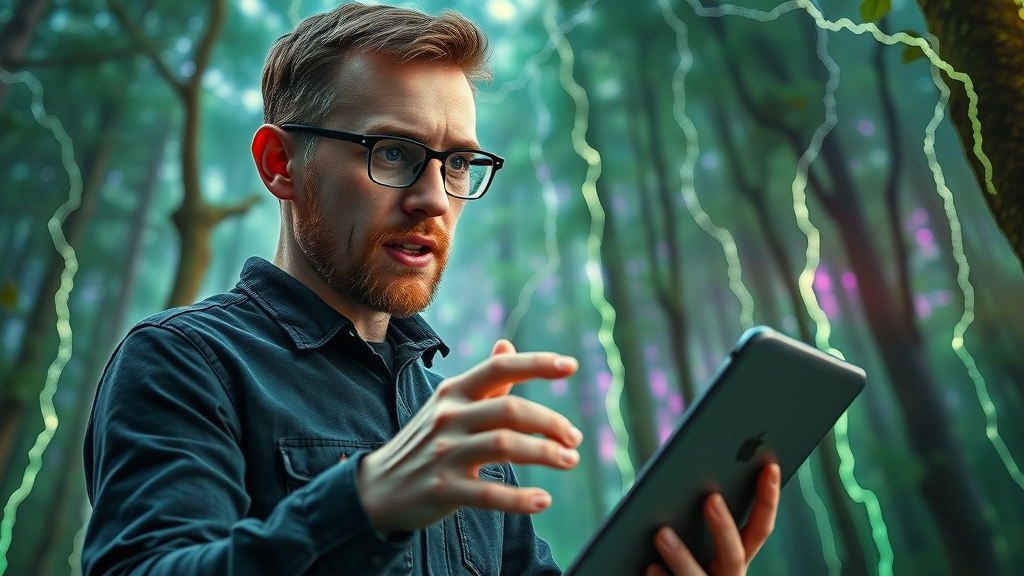 machine learning SEO developer reviewing AI-powered analytics in a digital forest setting