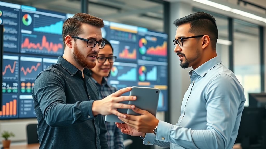 digital marketers analyzing automation tool dashboards in modern office environment