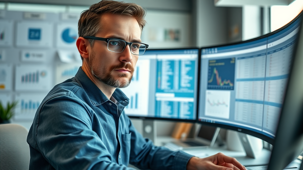 SEO analyst conducting keyword research for content creation, reviewing data and keywords for SEO
