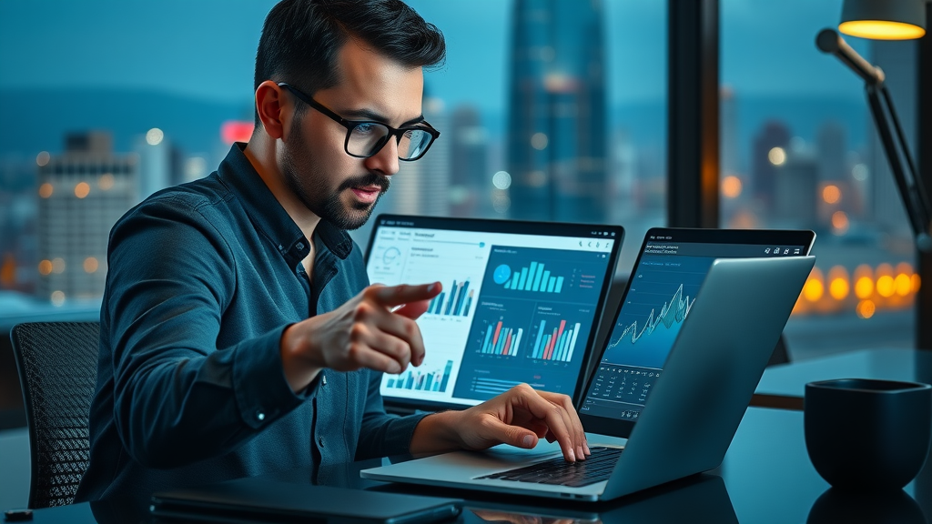 Sleek AI dashboard for customer segmentation, analyst reviewing data clusters and interactive graphs in sophisticated workspace