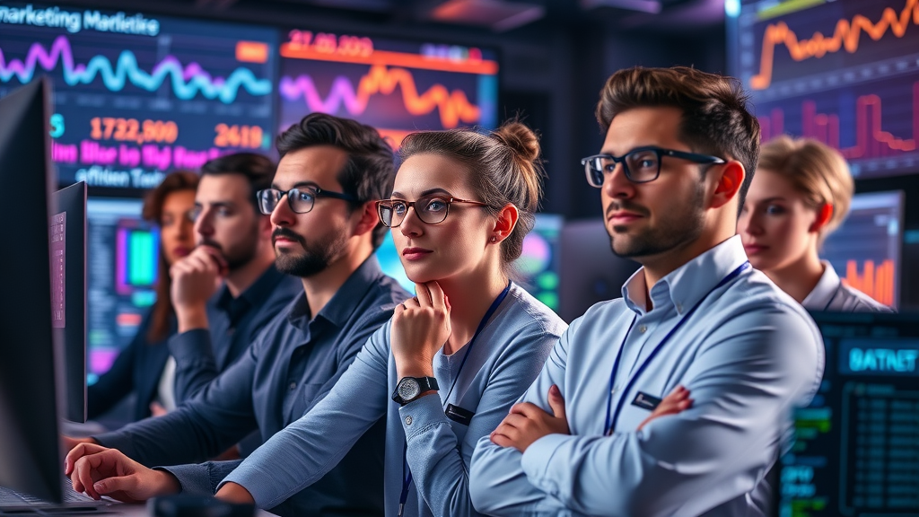 diverse group of data scientists, thoughtful expressions, creating marketing dashboards with machine learning, data science Houston, tech lab with monitors, swirling graphs, purple and orange palette