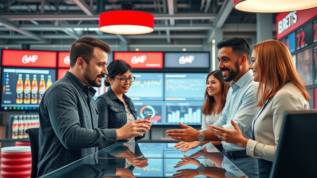 Coca-Cola marketing team brainstorming with AI dashboards, leveraging machine learning in global campaigns