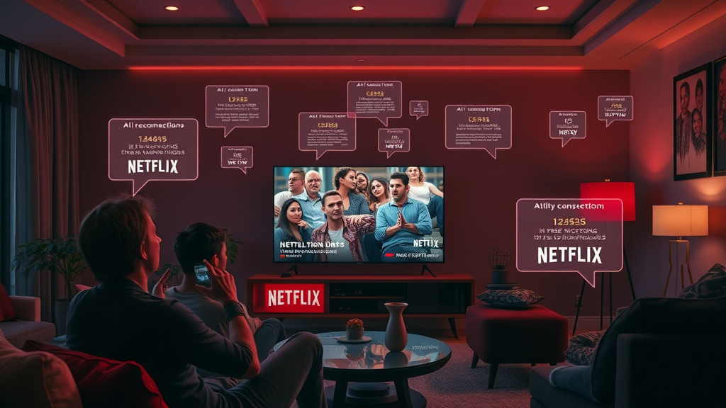 Cinematic Netflix interface showing AI-driven recommendations to diverse users in a smart living room