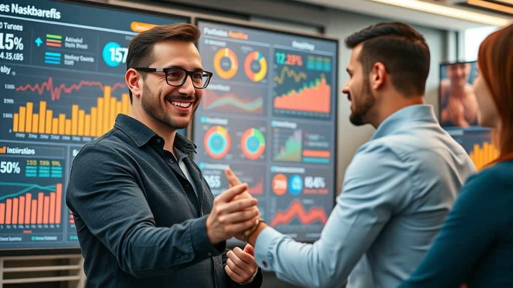 Senior marketer analyzing real-time ROI and key performance indicators with a marketing analytics team