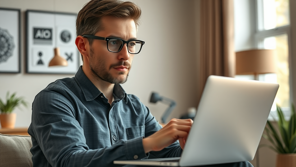 Entrepreneur searching FAQ about generative engine optimization marketing on a sleek laptop, representing digital marketing queries