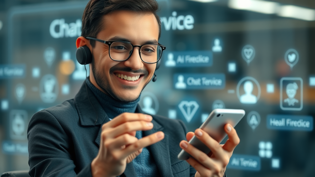 friendly AI chatbot interface on mobile device, smiling professional receiving helpful digital support, Photorealistic High Fidelity Lifelike, tech-inspired background with customer service icons, highly detailed, subtle motion blur on digital interface, cool neutral colors, glowing soft LED lighting, shot with a 35mm lens. Houston digital marketing AI chatbot delivering real-time customer service