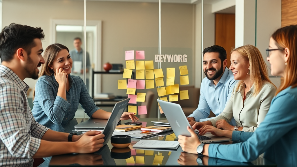 Marketing team brainstorming keyword ideas with sticky notes and laptops in a creative meeting room