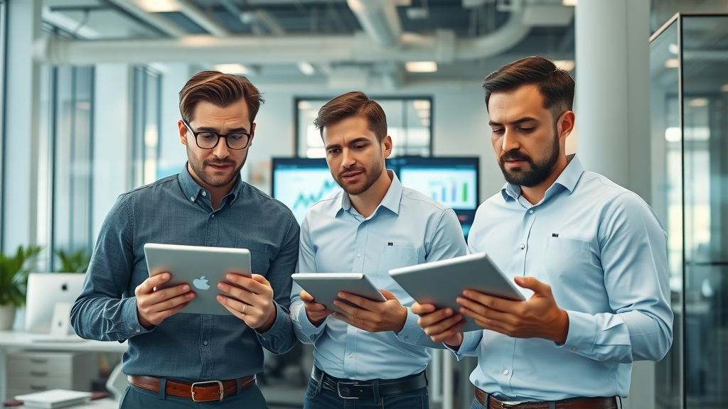 Professional construction managers in office analyzing data using contractor marketing automation
