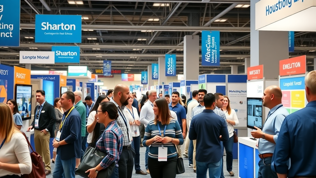 vibrant marketing technology expo in Houston, diverse professionals networking, engaging with tech exhibits. Techspo Houston Media and Advertising.