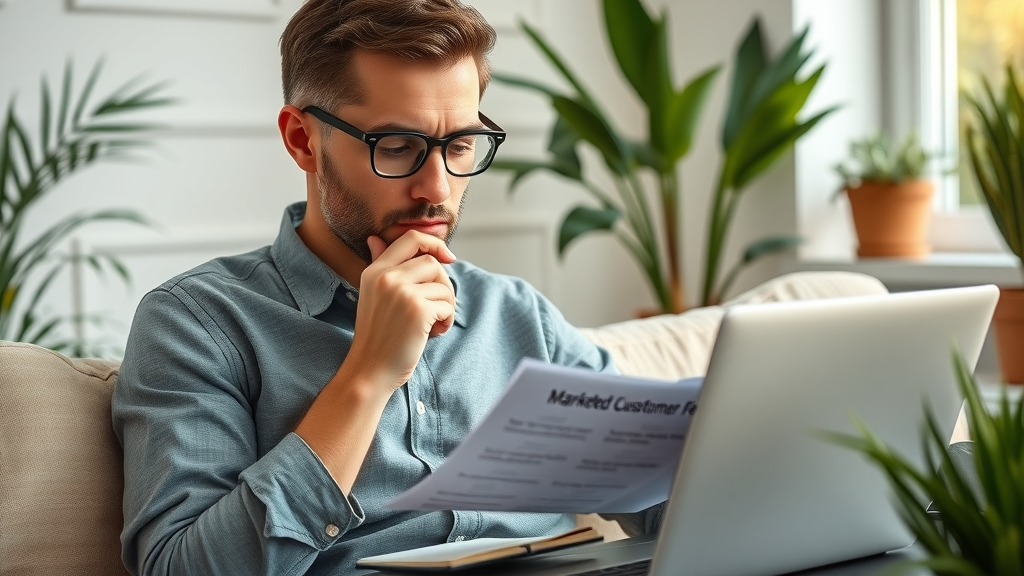 Caring marketer analyzing customer feedback and unsubscribe reasons on a laptop in a relaxed, natural-lit office