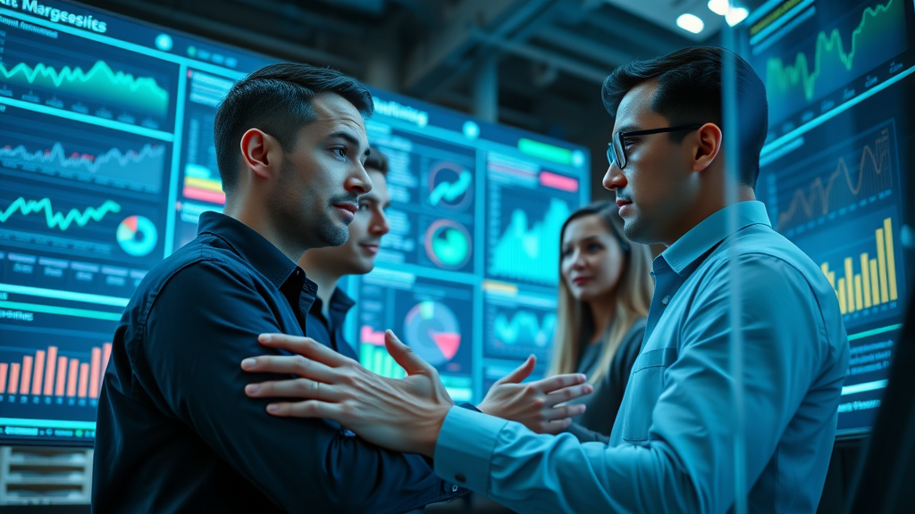 innovative AI-powered marketing dashboard, artificial intelligence marketing strategies, team of marketers analyzing data in a high-tech office, large digital screens with analytics charts, digital flows, neon highlights, blue and green tones