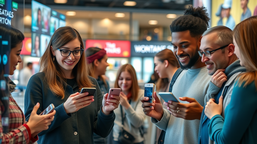 diverse customers engaged with personalized predictive marketing offers, tailored customer journey on smartphones, vibrant retail interaction, real-time data visuals