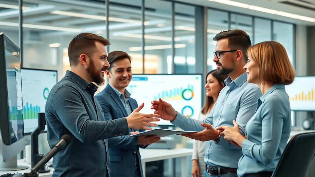 digital marketers discussing SEO strategies with content optimization techniques in a modern high-tech office