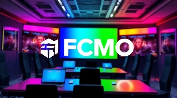 dynamic FCMO branding, innovative expression, drafting corporate identity, photorealistic, conference room background with digital screens, highly detailed, moving brand elements, high-definition, rainbow gradient, cool LED lighting, shot with a prime lens.
