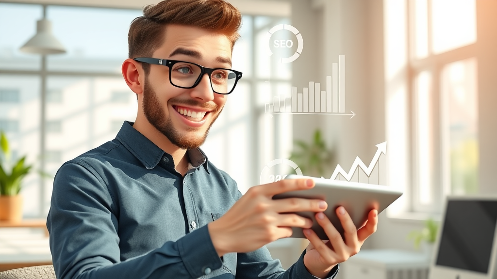 enthusiastic marketer using tablet for AI-powered SEO automation, content optimization
