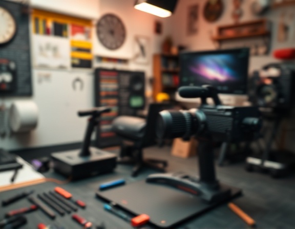 innovative FCMO design, focused expression, creating digital graphics, photorealistic, creative studio background with design tools, highly detailed, motion blur from active tools, ultra-high-definition, vibrant color palette, soft diffused lighting, shot with a macro lens.