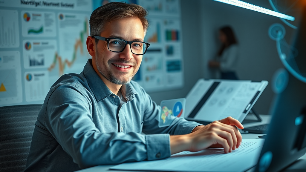 Innovative digital marketer integrating AI tools with classic marketing workflows on a desktop