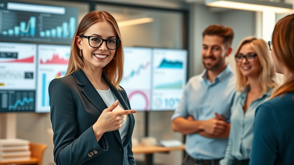 Businesswoman demonstrating marketing automation success on digital dashboard with marketing metrics and satisfied clients