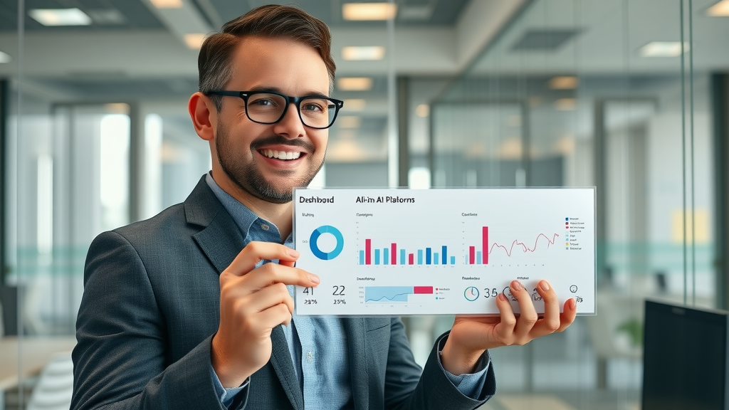 Marketing manager presenting AI marketing tool platform dashboard - All-in-one AI marketing tool