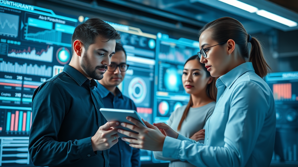 generative engine optimization team collaborating with AI dashboards in a high-tech office