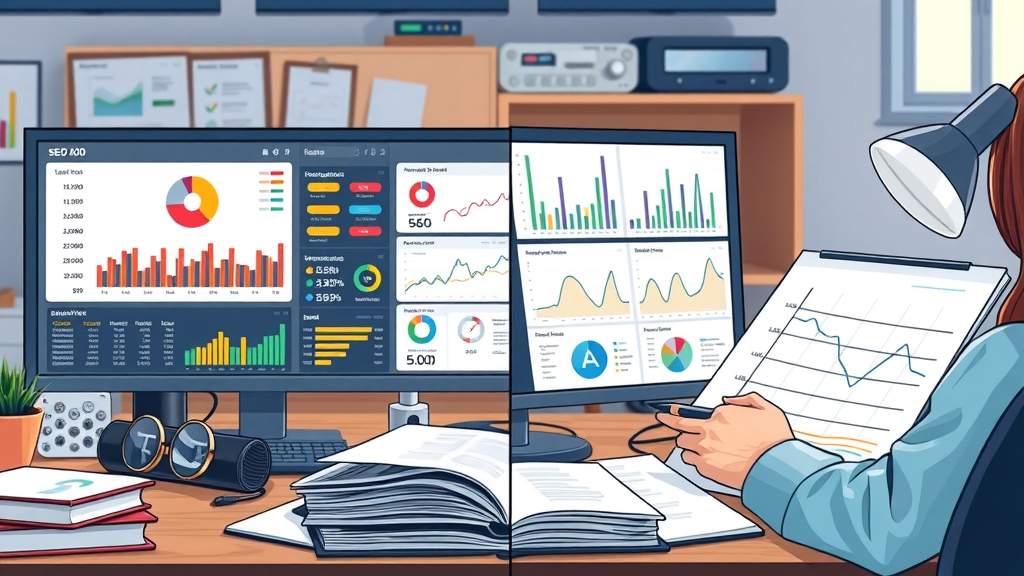AI SEO tool interface side by side with manual SEO workflow, bright workspace with digital dashboard and paper notes
