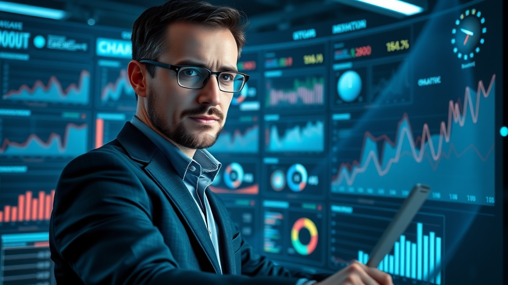 predictive analytics marketing dashboard with holographic charts, confident marketer analyzing predictive models, high-tech dark analytics lab, blue neon glow, crisp visual details