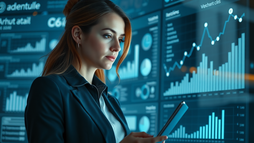data analytics in marketing with female marketer using predictive analytics interface