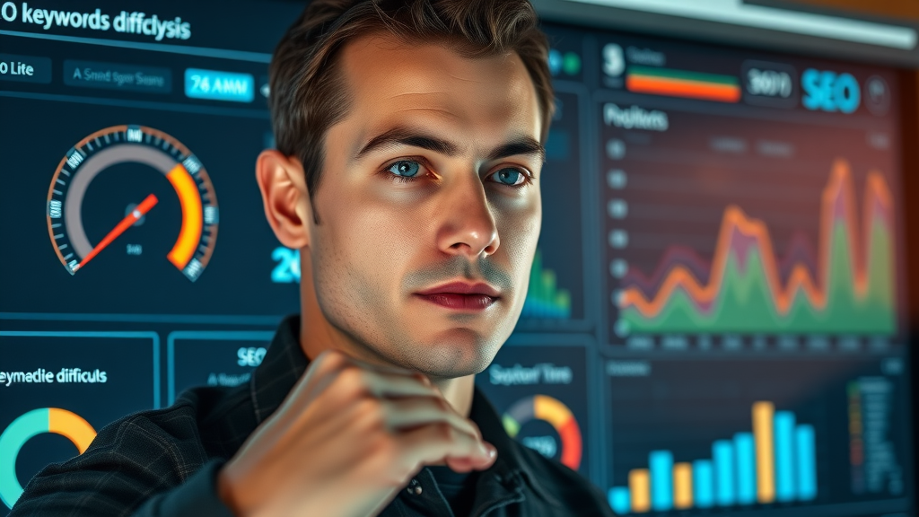 Digital dashboard visualizing keyword difficulty analysis metrics and SEO charts with colorful graphs