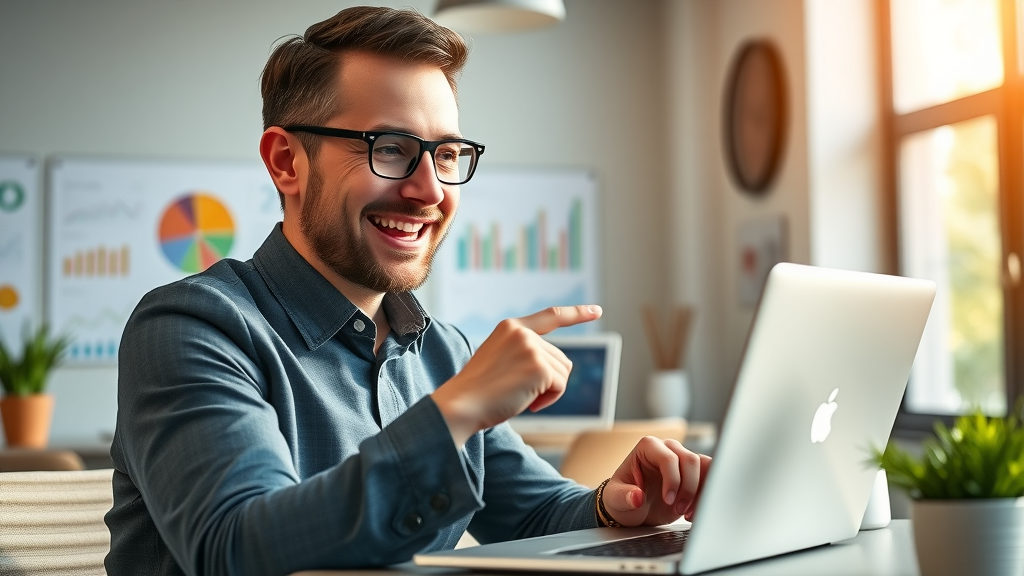 predictive analytics marketing manager delighted with rising chart, positive marketing campaign analytics in highly detailed, modern office
