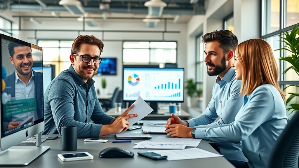 digital marketing workspace, blog post optimization discussion, analytics screens, modern office