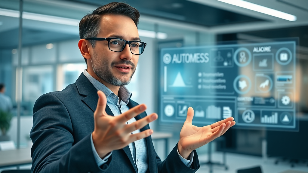 Houston marketer explaining marketing automation platform and features, futuristic digital projection and collaboration
