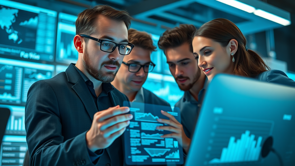 innovative marketing team, focused expressions, collaborating on strategy with futuristic digital screens, digital marketing Houston, illuminated analytics data, blue-cyan, detailed background