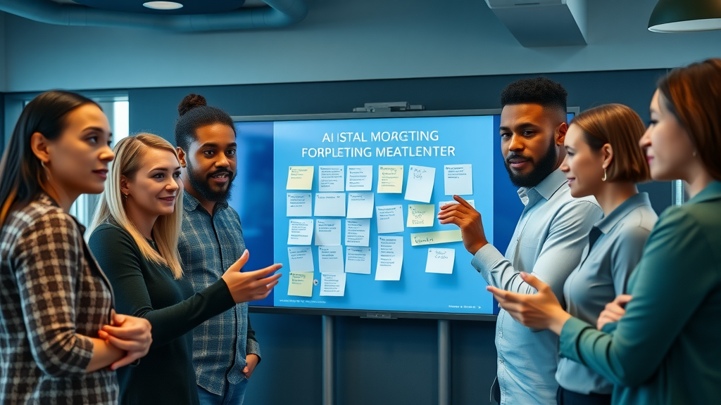 diverse marketing team implementing artificial intelligence marketing roadmap on virtual board