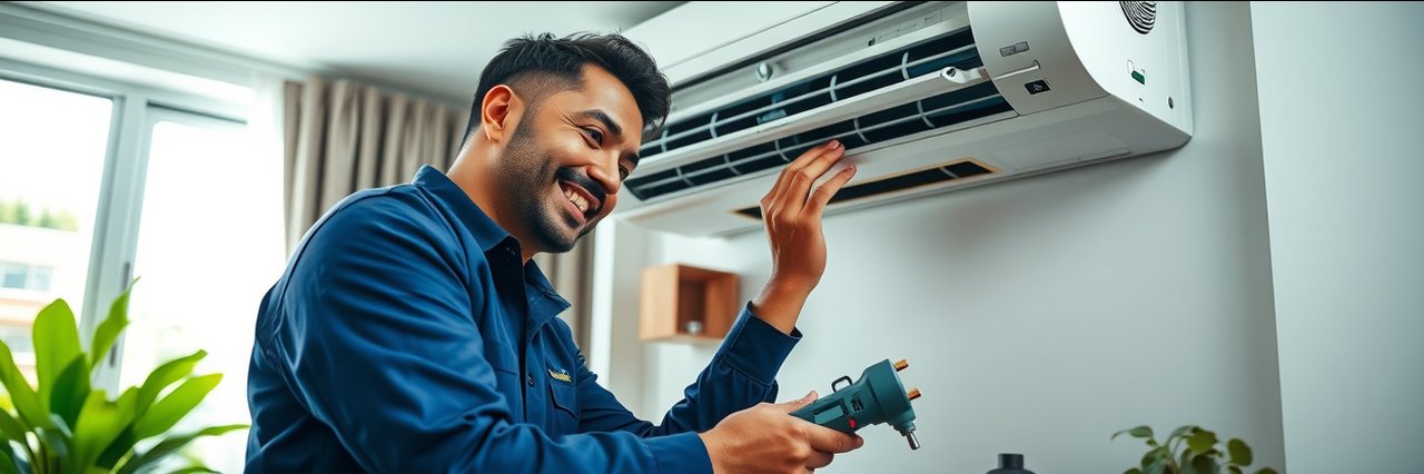 AC Service Houston expert repairing AC in modern home, high detail, natural light