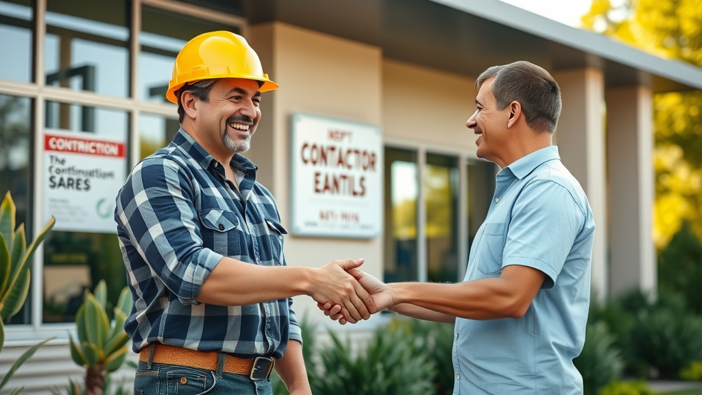 digital marketing for contractors - Successful contractor shaking hands with a satisfied client outside a newly renovated building