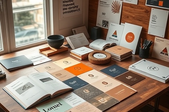 captivating presskitbranding, cohesive, emphasizing consistency, photorealistic, on a designer's workbench with samples and branding guides, highly detailed, showing logo placements and textures, high resolution, earthy colors, soft window light, shot with a Fujifilm GFX 50R and a 45mm lens.