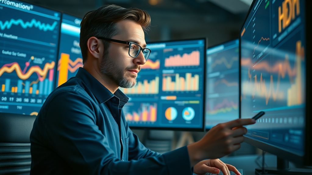 Digital analyst tracking automated marketing campaign performance analytics and KPIs on interactive displays