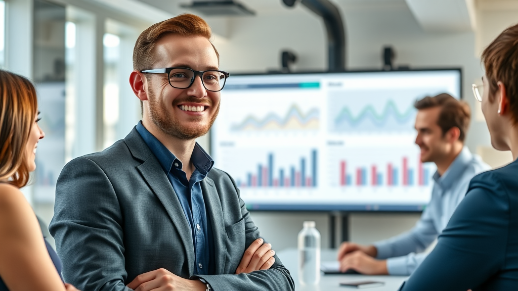 SEO manager presenting successful case study results in a conference room with traffic spike projections