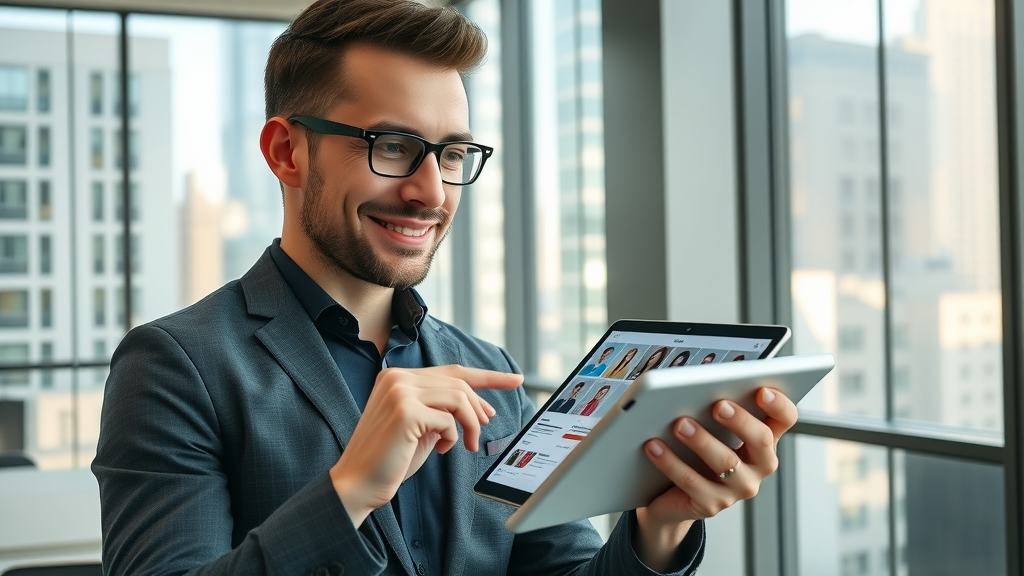 engaged marketer using tablet to deploy AI personas to segmented audiences, AI personalization, create personalized content, modern workspace