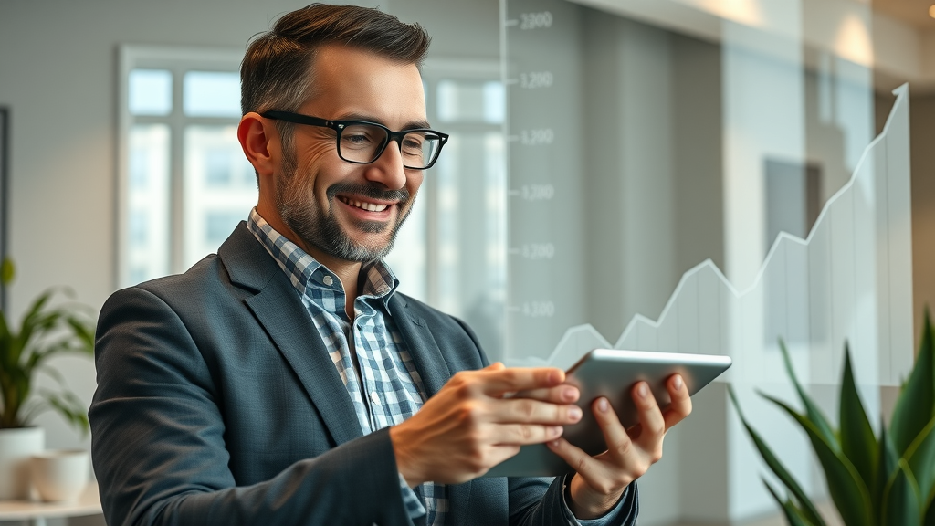 Houston business owner reviewing digital marketing analytics using ai mark services in Houston office